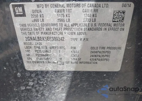 2014 Chevrolet Equinox 1Lt z USA, uszkodzony, nr VIN 2GNALBEK5E6309342